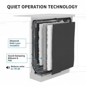 Cutaway view of a built-in dishwasher showing the thick insulation layers used for quiet operation.