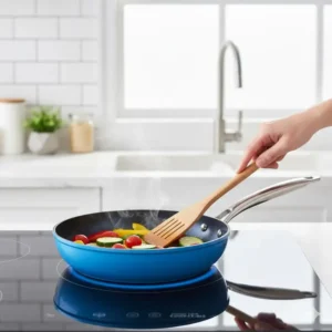 A bright ceramic-coated induction frying pan ideal for healthy cooking on an induction surface.
