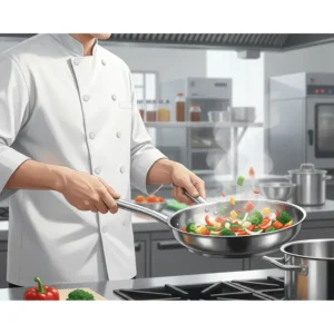 A professional chef sautéeing vegetables using a skillet from a Stainless steel cookware sets in a commercial kitchen setting.