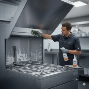 Close-up of the interior of a commercial dishwasher showing routine maintenance and limescale removal.