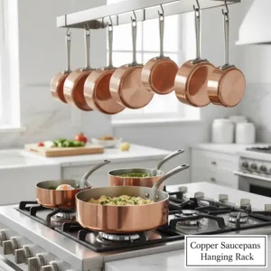 Elegant display of several gleaming copper sauce pans hanging neatly on a kitchen rack. 