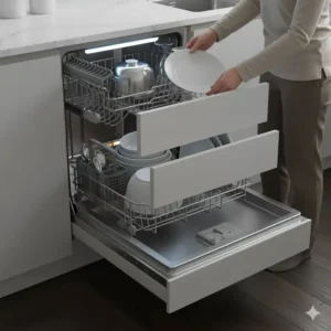 Person comfortably loading the top drawer of an ergonomic drawer dishwashers, showing the ease of use without excessive bending.