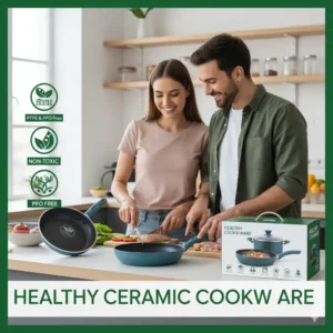 Healthy, non-toxic, and PFOA-free feature of ceramic cookware sets.