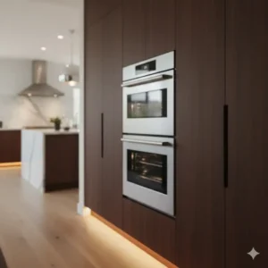 Ergonomic and stylish handle design on a high end oven, highlighting the quality craftsmanship.