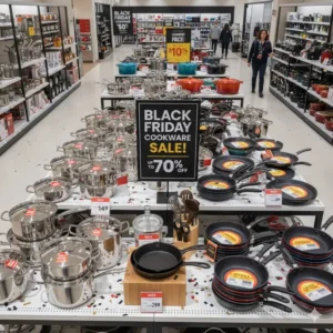 An aisle view featuring both major kitchen appliances and discount Cookware on sale black friday items.