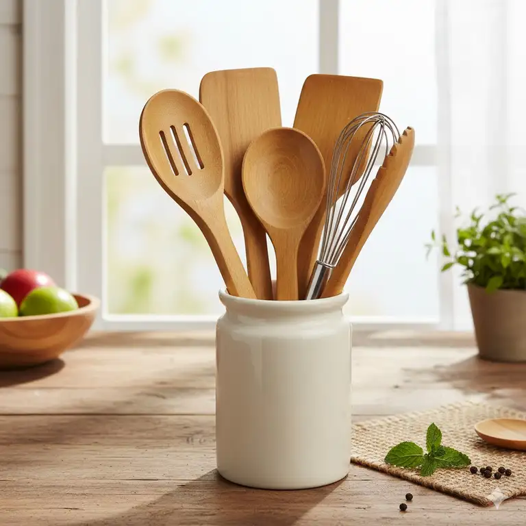 A complete set of bamboo kitchen utensil sets beautifully displayed, including a spoon, spatula, and tongs, highlighting their smooth finish and natural wood grain.