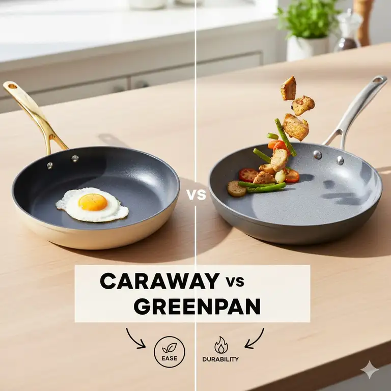 Caraway vs GreenPan cookware set comparison, showing the different colors and modern aesthetic of both ceramic non-stick pan brands.