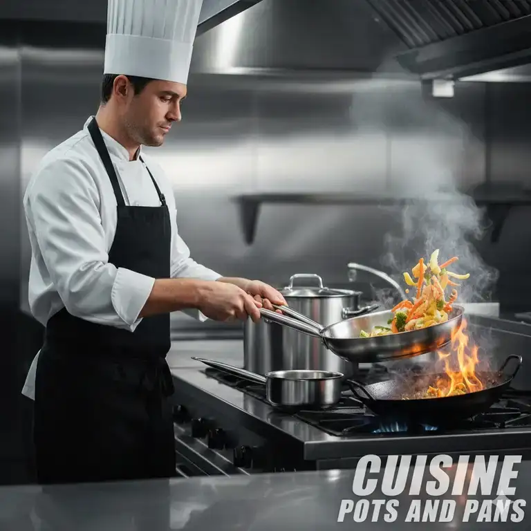 A professional chef preparing a dish on a stainless steel stovetop using a full set of commercial-grade cuisine pots and pans.