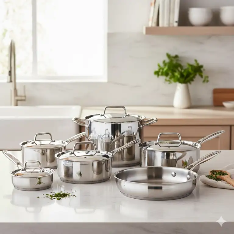 A high-quality set of shiny new stainless steel cookware pieces on a modern kitchen countertop, ready for cooking.