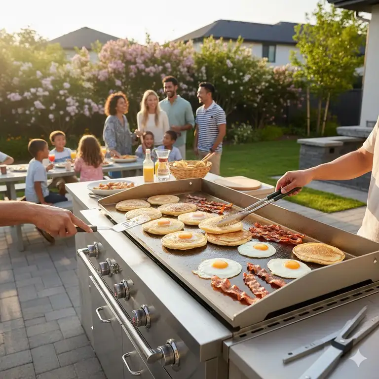 Extra large griddle cooking a full breakfast of pancakes, eggs, and bacon simultaneously for a family gathering.