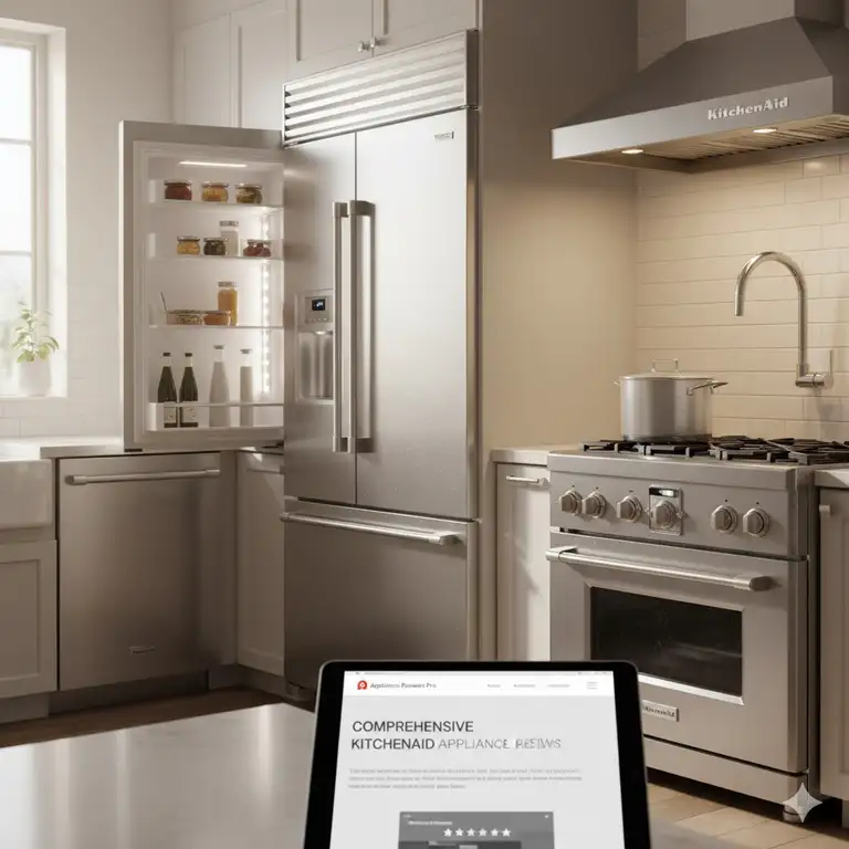 A pristine, stainless steel KitchenAid appliance suite, featuring a refrigerator and range, highlighting the quality discussed in our comprehensive KitchenAid reviews on appliances.