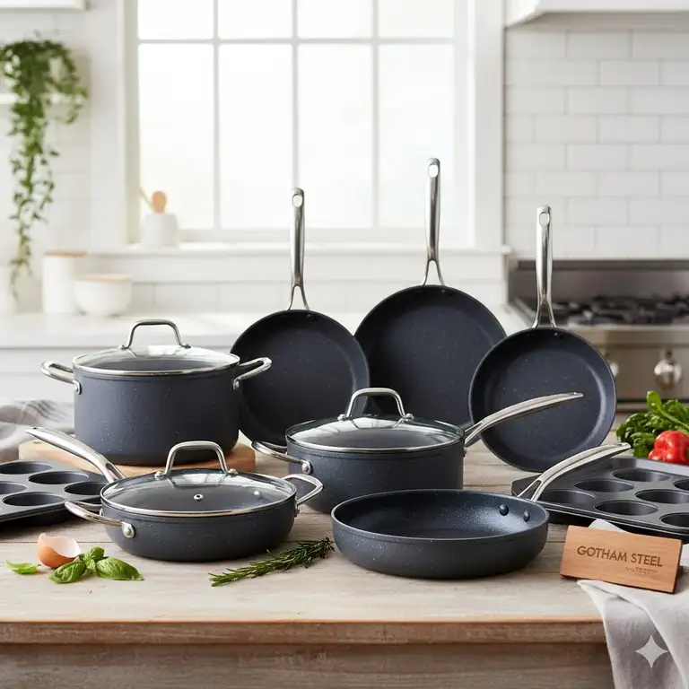 The full 20-piece nonstick ceramic cookware set from Gotham Steel, including various pots, pans, and bakeware.