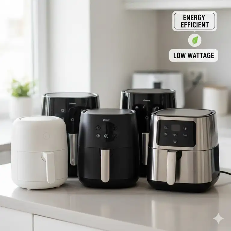 A collection of the lowest watt air fryer models displayed, highlighting their compact size and energy efficiency for modern kitchens.
