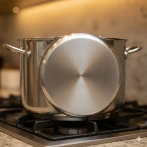 Close-up shot of a durable, thick-bottomed stainless steel pot highlighting its sturdy construction.