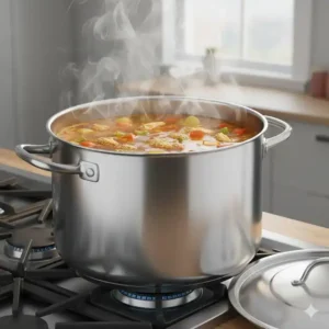 Close-up of a large stainless steel stockpot boiling water for making a flavorful soup, showcasing its sturdy handles and lid.