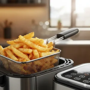 Perfectly crispy golden french fries cooked using the Air Fry function of the ninja 3 in 1 air fryer.