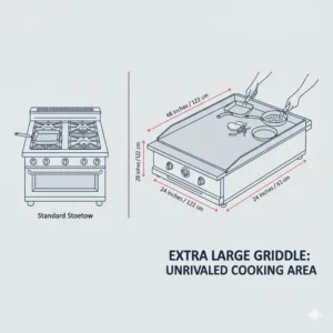 Extra large griddle dimensions showing the vast cooking surface compared to a standard home stovetop.