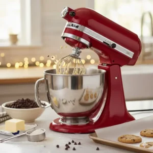 Close-up of a KitchenAid stand mixer in action, emphasizing its durability and performance for baking, as rated in many KitchenAid reviews on appliances.