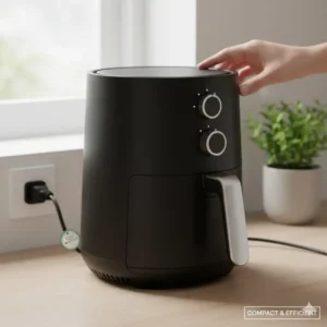 Close-up of a small, compact air fryer with a power cord, demonstrating its efficiency as a lowest watt air fryer.