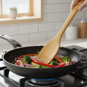 A sturdy bamboo kitchen utensil sets spatula being used to stir food in a non-stick pan, illustrating the wood's non-scratch and durable quality for cooking.