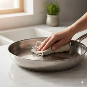A person gently wiping down a polished stainless steel pan after use, illustrating easy cleaning and maintenance.