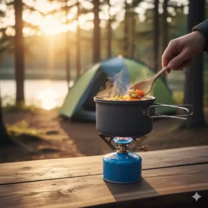 Compact and durable lightweight cookware being used over a portable stove for outdoor adventures and camping.