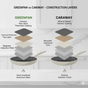 Cross-section diagram illustrating the construction of GreenPan's multi-layered non-stick ceramic cookware versus Caraway's aluminum core design, focusing on Caraway vs GreenPan durability.