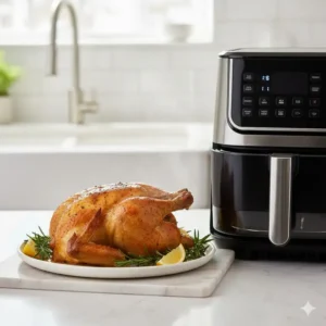 A tender, whole roasted chicken with golden-brown skin, prepared with the Roast setting on the ninja 3 in 1 air fryer.