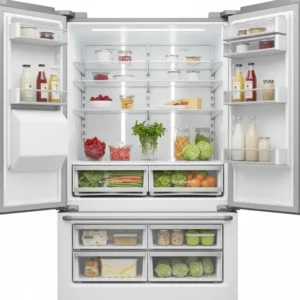 Interior view of a KitchenAid refrigerator showcasing spacious storage and LED lighting, a key feature noted in KitchenAid reviews on appliances.