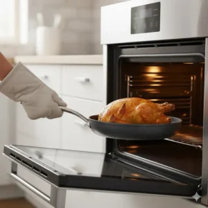 A sturdy frying pan from Gotham Steel being used in the oven for high-temperature cooking.
