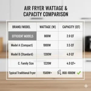A comparison chart showing how different air fryer brands stack up in terms of wattage vs. capacity, helping find the lowest watt air fryer.