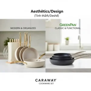 The stylish Caraway cookware set, showcasing its signature colors and included vertical storage solutions, compared to the design of the GreenPan set for Caraway vs GreenPan aesthetics.