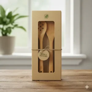 Minimalist, eco-friendly packaging for a new bamboo kitchen utensil sets, emphasizing their sustainable and plastic-free nature.