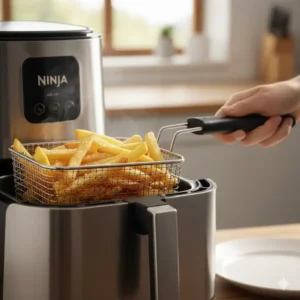 Slices of colorful dehydrated fruit arranged on the accessory rack for the ninja 3 in 1 air fryer.