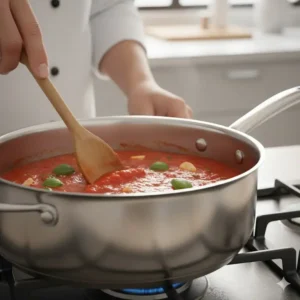 A chef stirring a tomato sauce in a stainless steel saucepan, emphasizing the material's non-reactive surface.