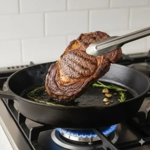 A well-seasoned black cast iron pan searing a thick-cut ribeye steak, emphasizing superior heat retention for all cooking tasks.