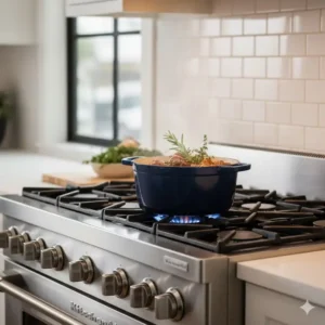 A gourmet dish simmering on a KitchenAid gas range, illustrating powerful cooking performance discussed in detailed KitchenAid reviews on appliances.