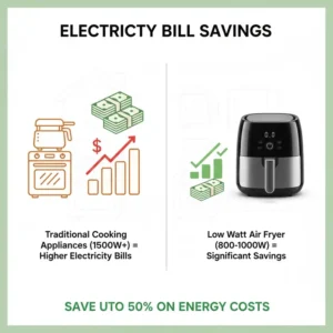 Graphic illustrating potential electricity bill savings when using the lowest watt air fryer compared to a conventional oven or deep fryer.