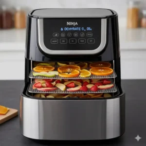 Close-up of the non-stick, removable basket and crisper plate component of the ninja 3 in 1 air fryer.