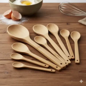 Detailed shot of different sized bamboo kitchen utensil sets mixing spoons from the utensil set, perfect for baking and preparing various meals.
