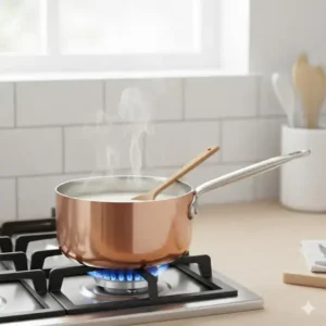 A small, copper-bottomed saucepan gently heating milk on a gas burner, ideal for making sauces and small portions.