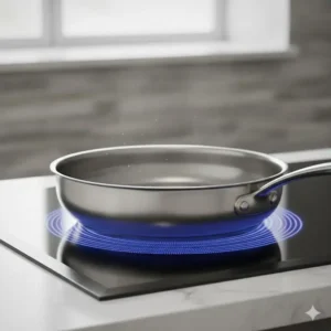 A heavy-duty stainless steel fry pan heating up on a sleek glass induction cooktop.