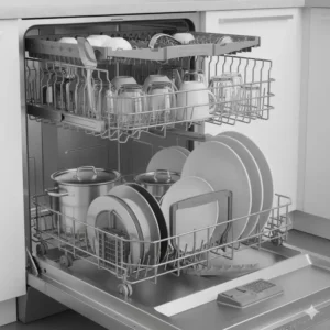 KitchenAid dishwasher with the third rack extended, demonstrating efficient loading capacity and quiet operation mentioned in KitchenAid reviews on appliances.