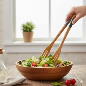 A pair of long bamboo kitchen utensil sets serving tongs tossing a fresh green salad, demonstrating a practical use of the kitchen tools.