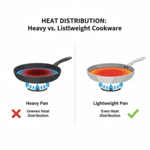 Visual comparison of even heat distribution on a high-quality lightweight cookware frying pan.