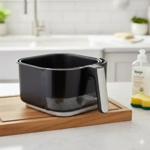 The large capacity basket of the ninja 3 in 1 air fryer filled with a generous amount of chicken wings ready for cooking.