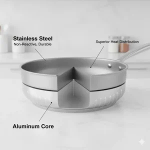 Diagram showing the cross-section of tri-ply stainless steel cookware with aluminum core for superior heat distribution.
