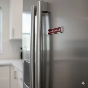 Elegant photo of a KitchenAid appliance with the iconic badge, focusing on the sophisticated design aesthetic that users often praise in KitchenAid reviews on appliances.