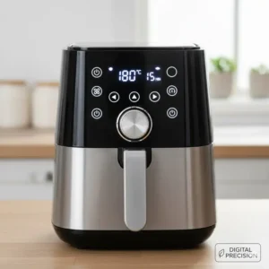 Detailed shot of the digital control panel on an energy-efficient model, confirming the settings used on a lowest watt air fryer.