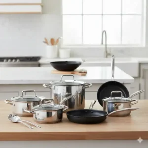 A complete 12-piece cookware set of different cuisine pots and pans neatly arranged on a modern kitchen counter, ready for use.
